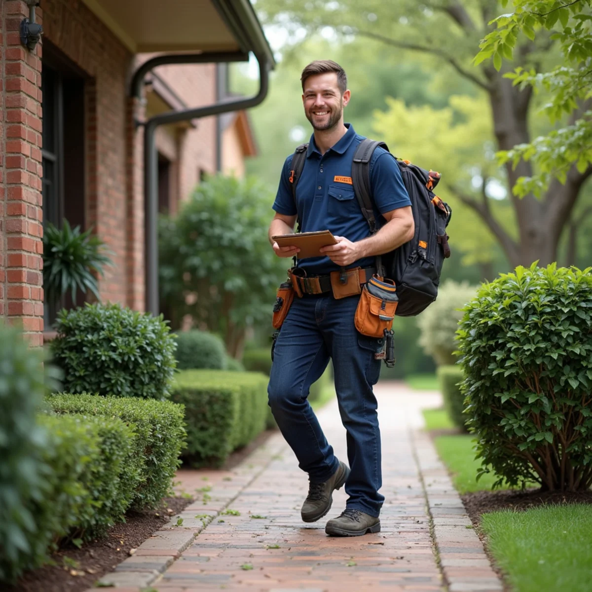 Residential brick homes and plumbing service van in Coppell Texas near Sandy Lake Rd